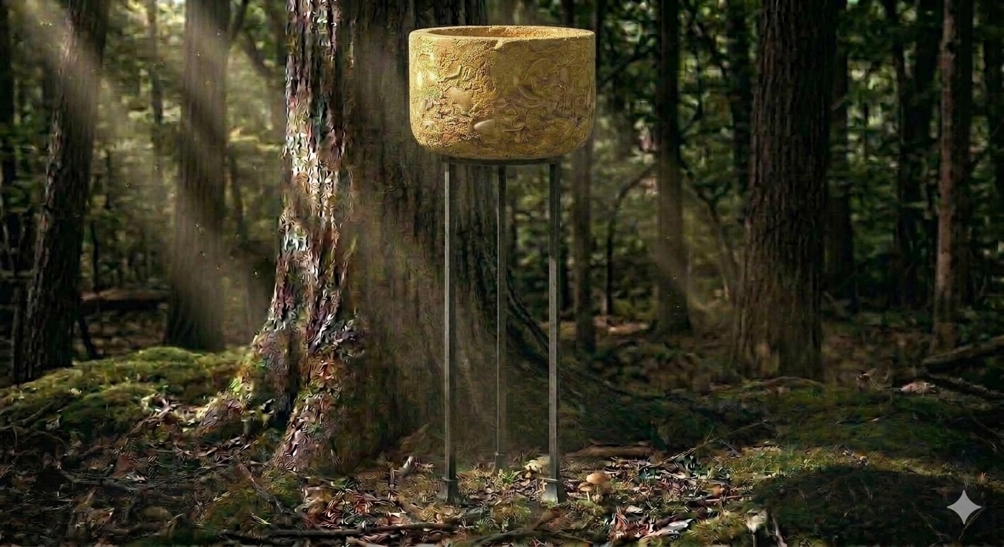The Coquina vessel raised to adult eye level at walking scale in the forest.